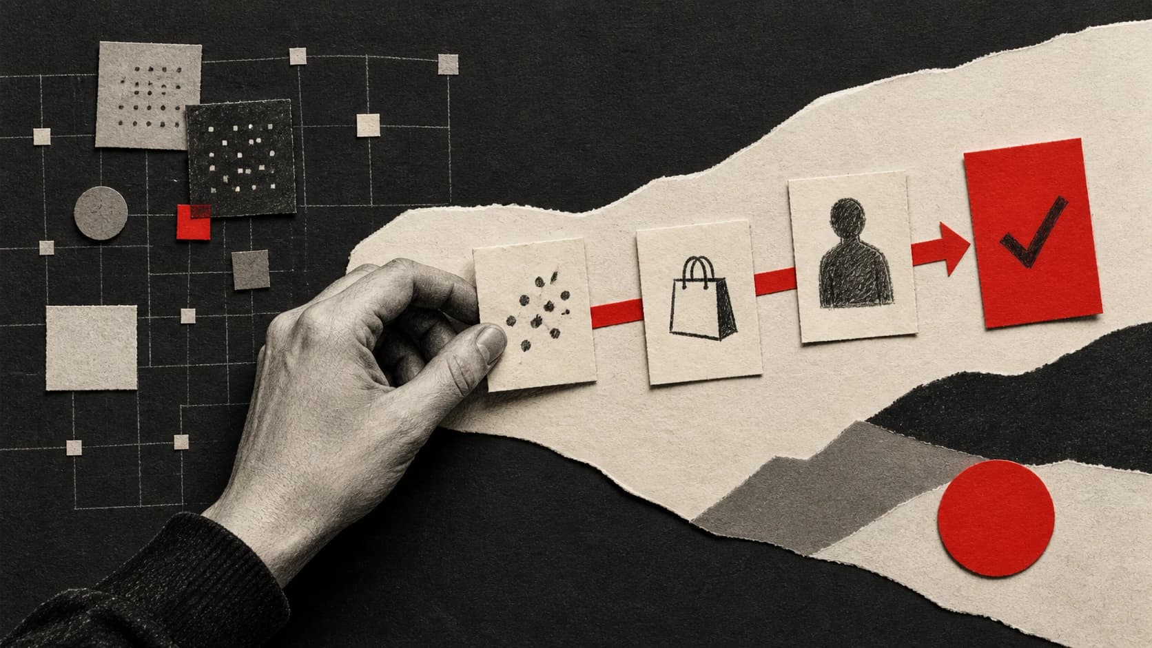 A human hand sorts evidence cards while a subtle machine-analysis grid remains in the background.