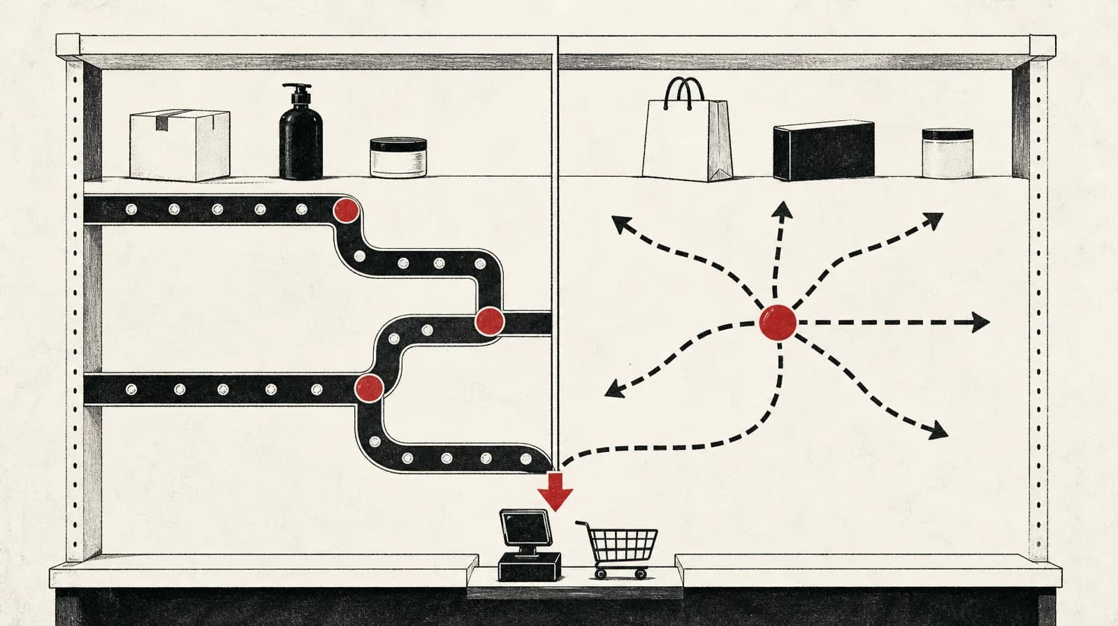 Diagram contrasting a fixed branching workflow path with an open-ended decision node, both leading to the same checkout point.