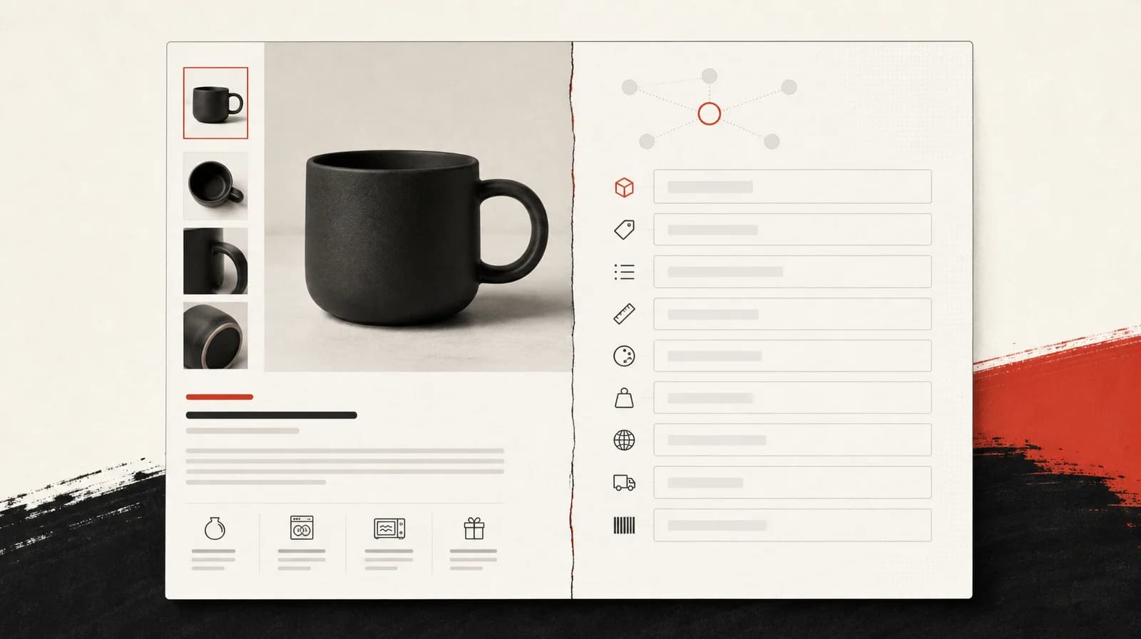 Split view of a product page showing full visual content on one side and a sparse, partly empty structured data panel on the other.