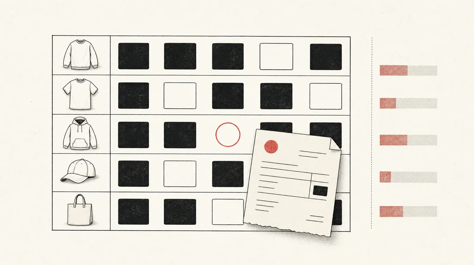 Catalogue grid of variant rows: solid cost blocks, empty outlines, one hollow ring, a mismatched invoice over a solid cell, and a faint margin bar not joined to the grid.