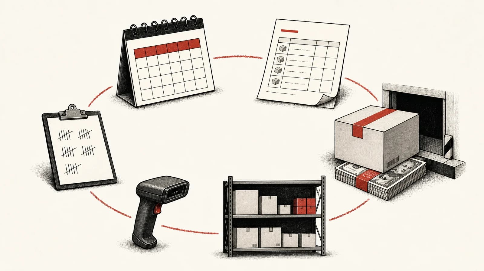 Six objects on a closed circular path: calendar, purchase-order page, carton half covering banknotes, partly filled shelf bay, barcode scanner and tally clipboard.