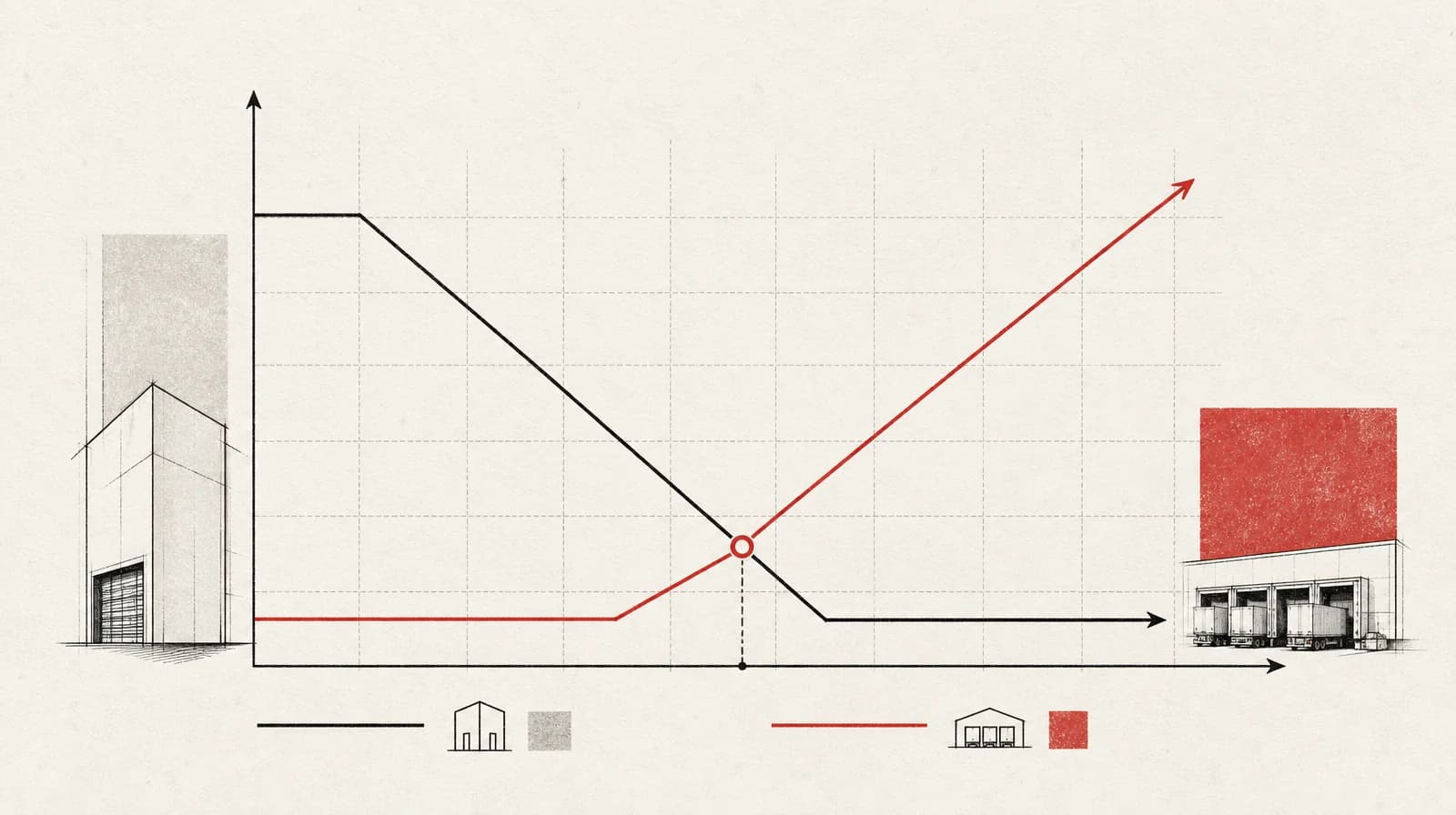 Two cost lines crossing on a grid, representing the break-even point between owned fulfilment and third-party logistics costs.