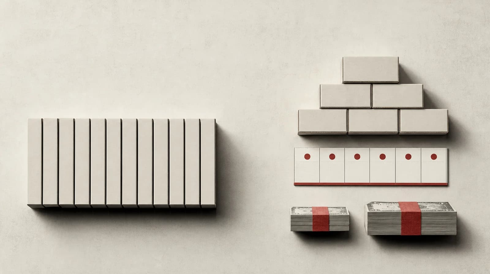 Top-down: twelve equal bars, a shorter carton stack, a blank six-step calendar, one small cash stack and one larger, and a gap for units the order misses.
