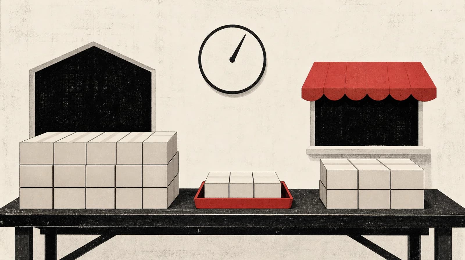 Unmarked cartons on a bench: a larger group faces a shop-shaped opening, a smaller group faces a stall, a tray holds some back, and a one-hand clock sits above the gap.