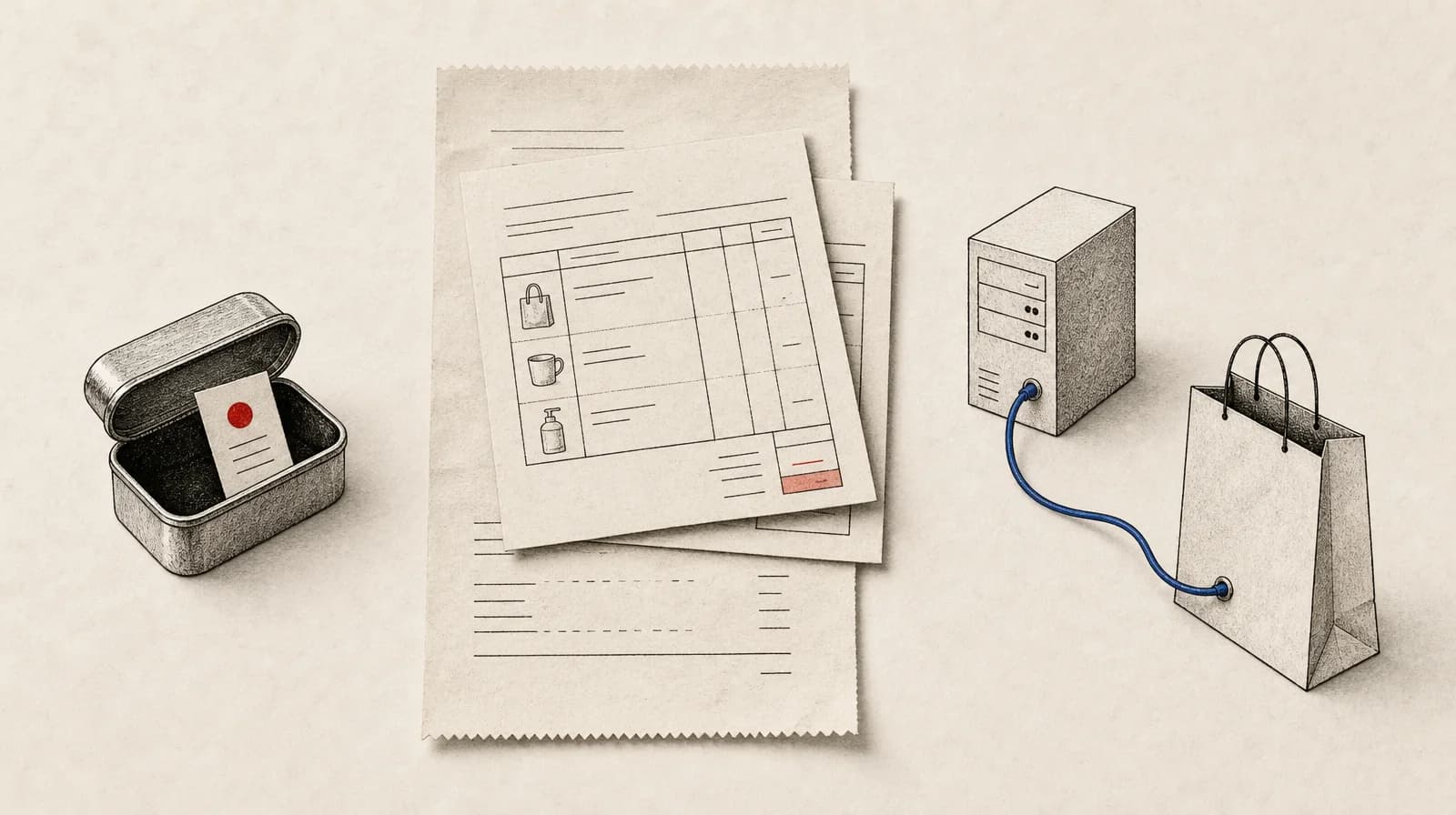 Muted paper and ink carry one blue line. A receipt lies under two offset invoices, a sealed tin holds one slip, and a cable runs from a server block to a shopping bag.