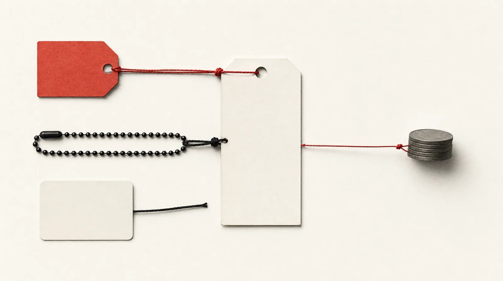 Order slip with a punched hole, tied to a price tag and bead chain. The ad-card cord stops short. A thinner cord ends at a shorter coin stack.
