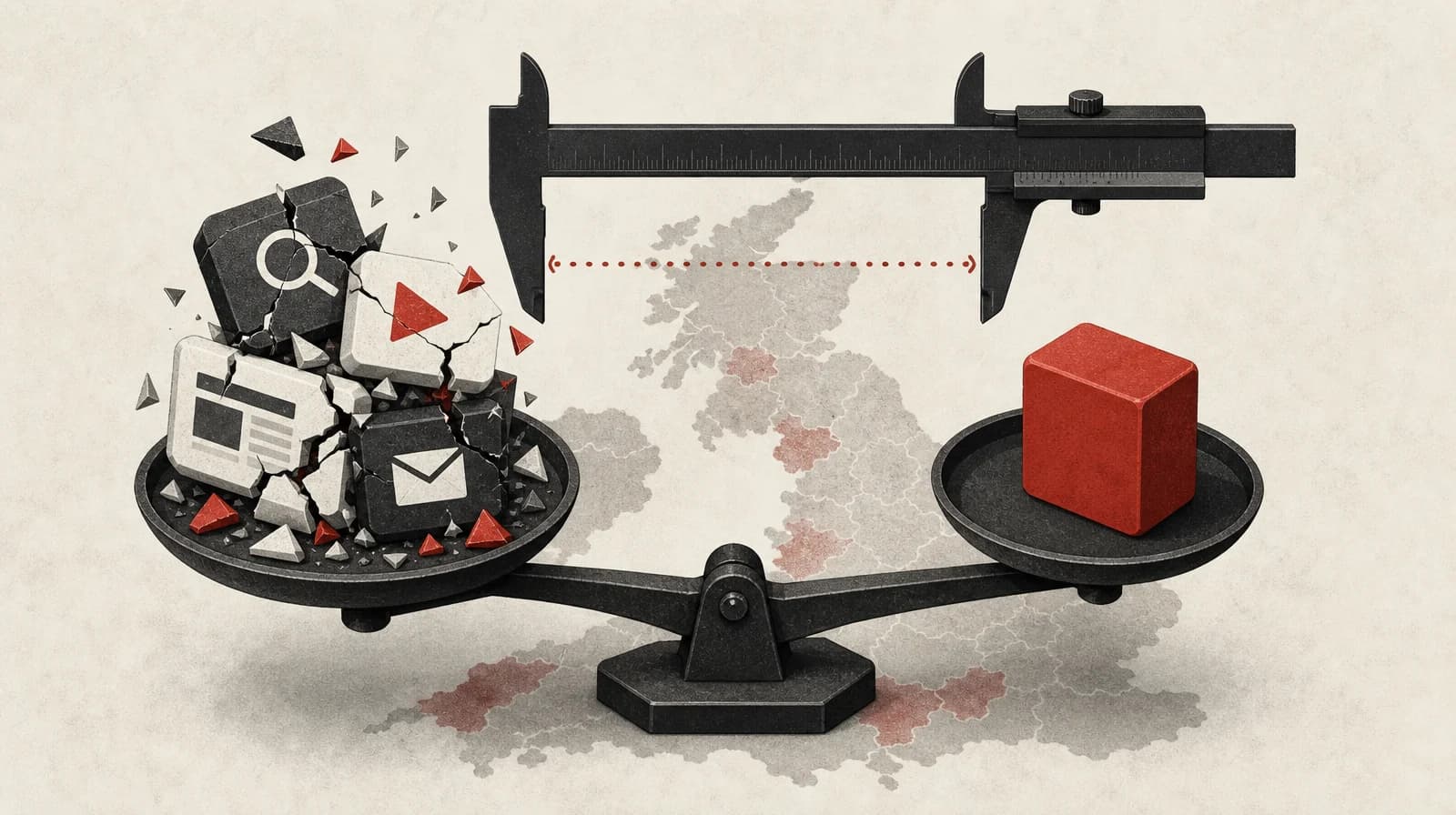 Balance scale with mixed ad-channel tiles crumbling on one pan and a single campaign weight on the other, set over a map of geo holdout regions.