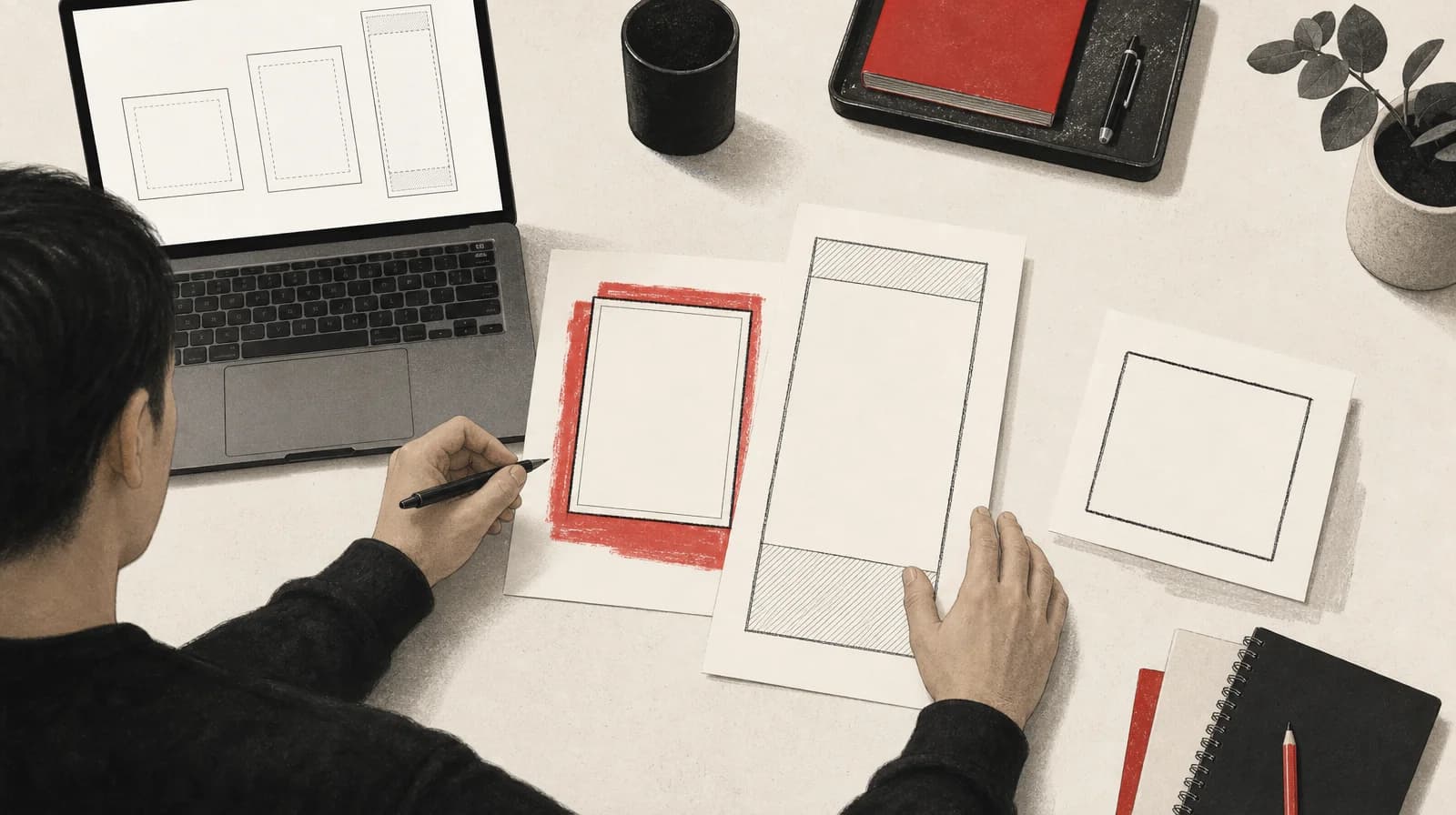 Overhead of a desk with a 4:5 frame and a taller 9:16 frame with an empty top band and a deeper empty bottom band, a square set aside, and a blank placement preview on a laptop.