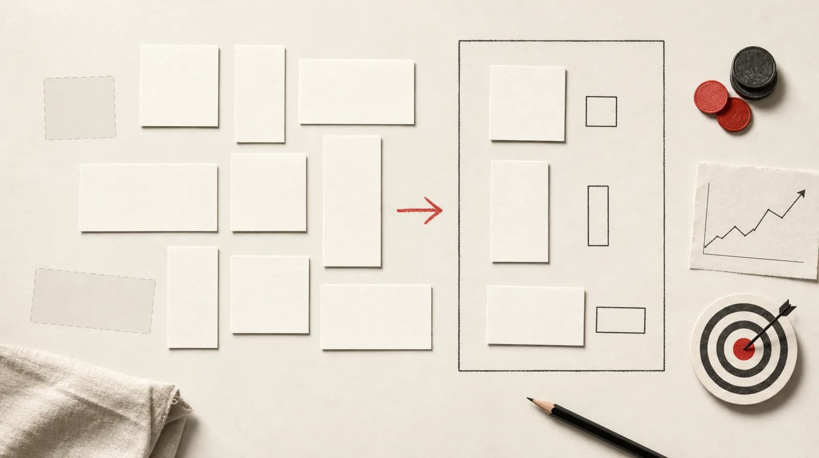 Overhead of a work table: many blank ad cards on the left, a few faded, three selected on the right, with coins, a chart and a target outside the selection.