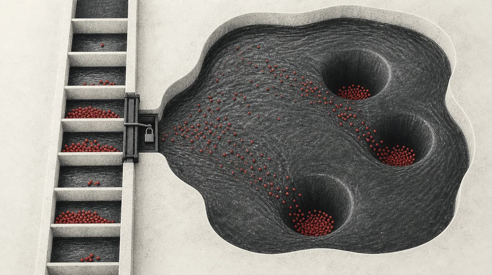 Overhead view of a single reservoir: locked equal bays, some partly filled, a wider basin draining into deeper pools, and matching dots in the bays and pools.