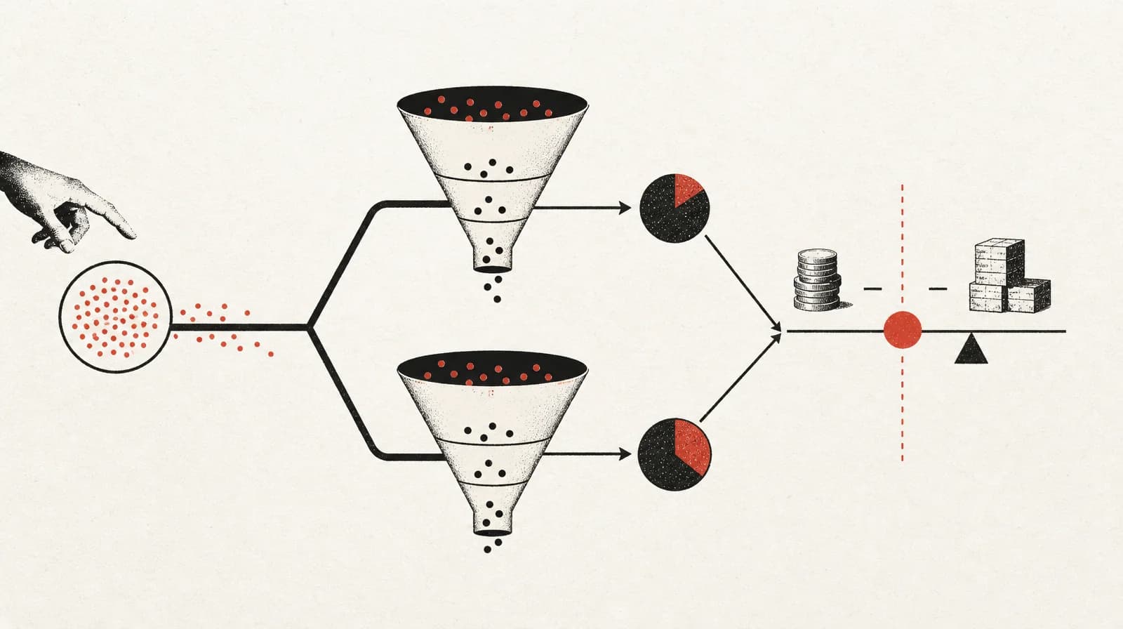 Two conversion funnels sharing the same clicks but different denominators, both pointed at one break-even threshold line