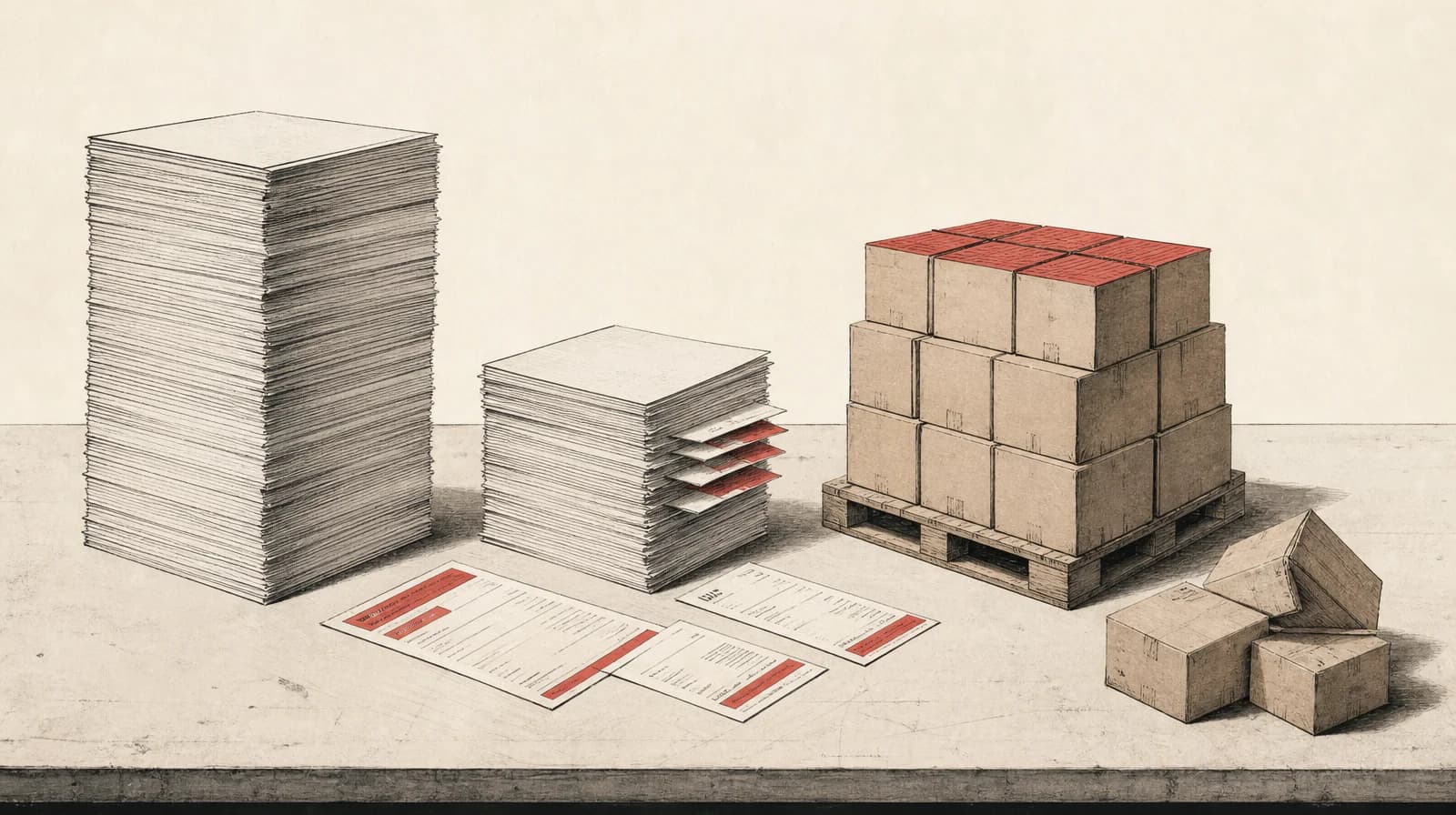 Diagram of paper stacks for an asking price and a shorter profit stack, with salary slips, ad invoices, saleable cartons and aged stock set apart.